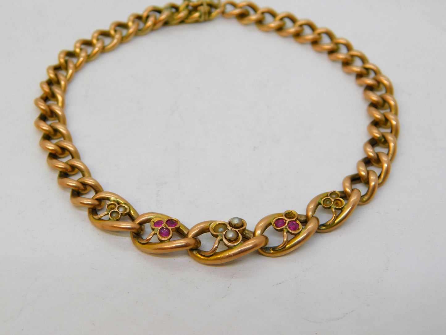 Edwardian 9ct Rose Gold, Ruby, Seed Pearl Shamrock Form Bracelet Antique c1910