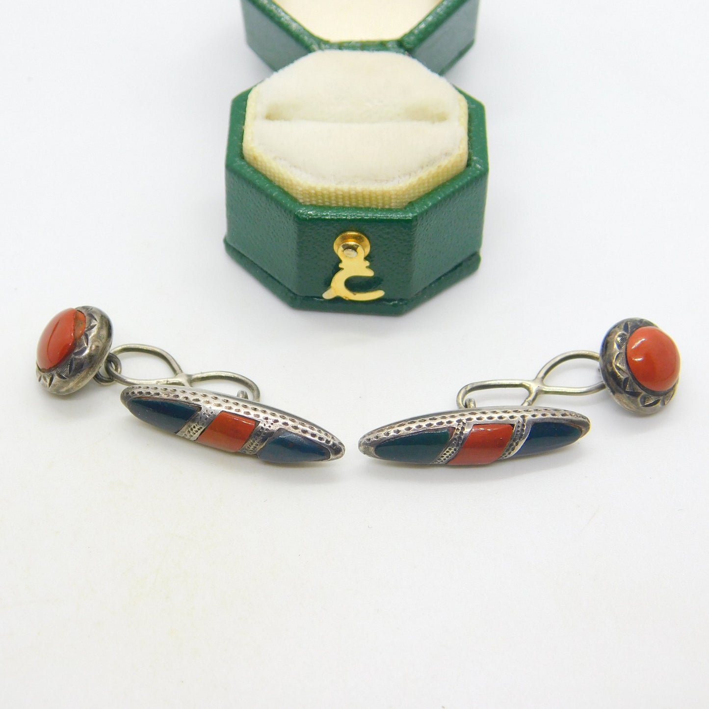 Victorian Sterling Silver, Bloodstone & Red Agate Gents Cufflinks Antique 1896 Birmingham