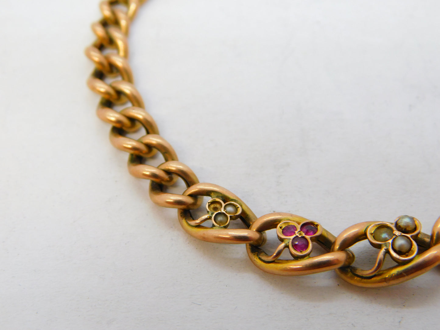 Edwardian 9ct Rose Gold, Ruby, Seed Pearl Shamrock Form Bracelet Antique c1910