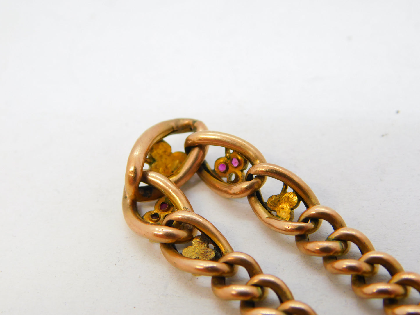 Edwardian 9ct Rose Gold, Ruby, Seed Pearl Shamrock Form Bracelet Antique c1910