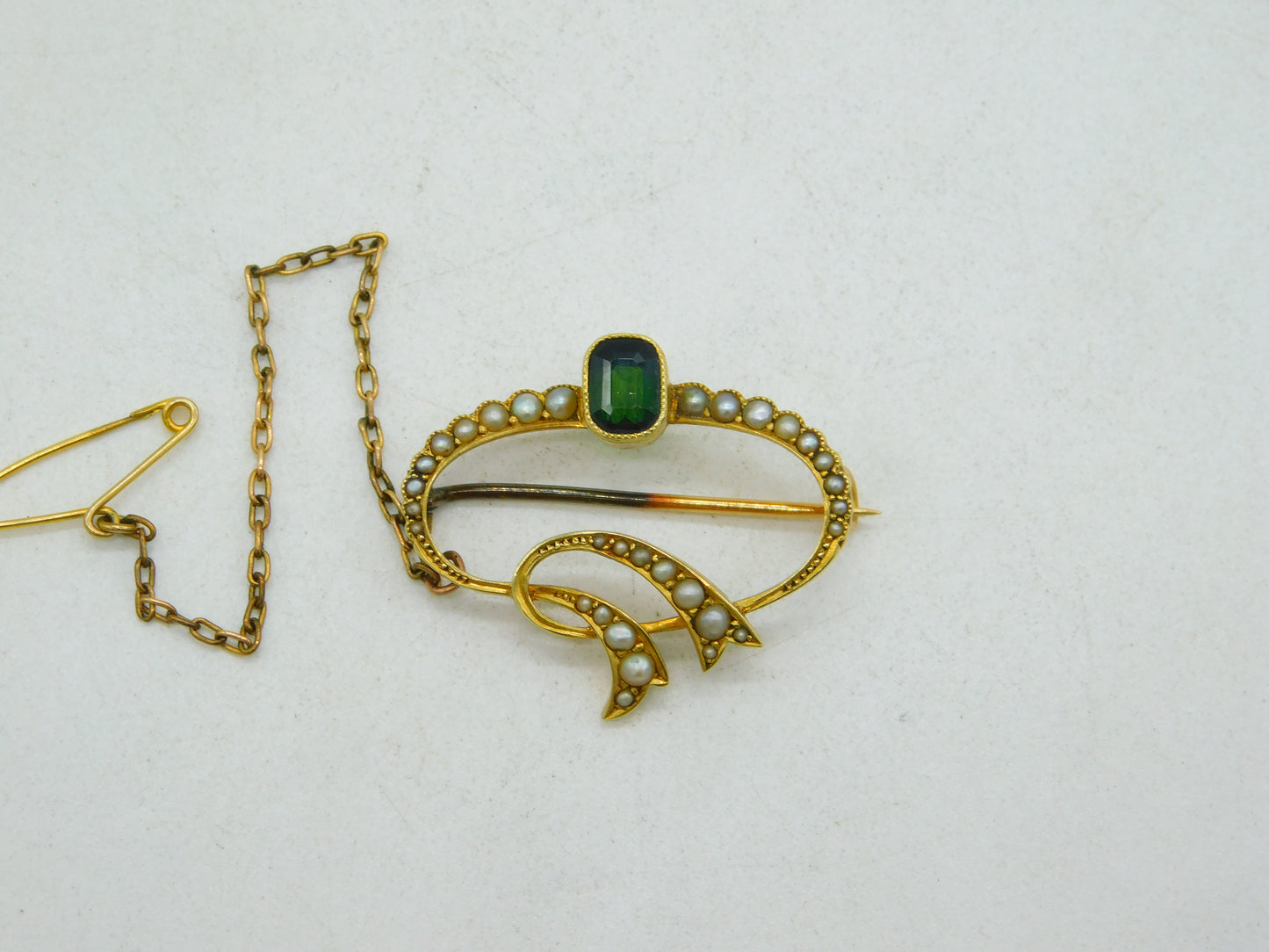 Edwardian 15ct Gold, Emerald Cut Tourmaline, Seed Pearl Spray Brooch Antique c1910