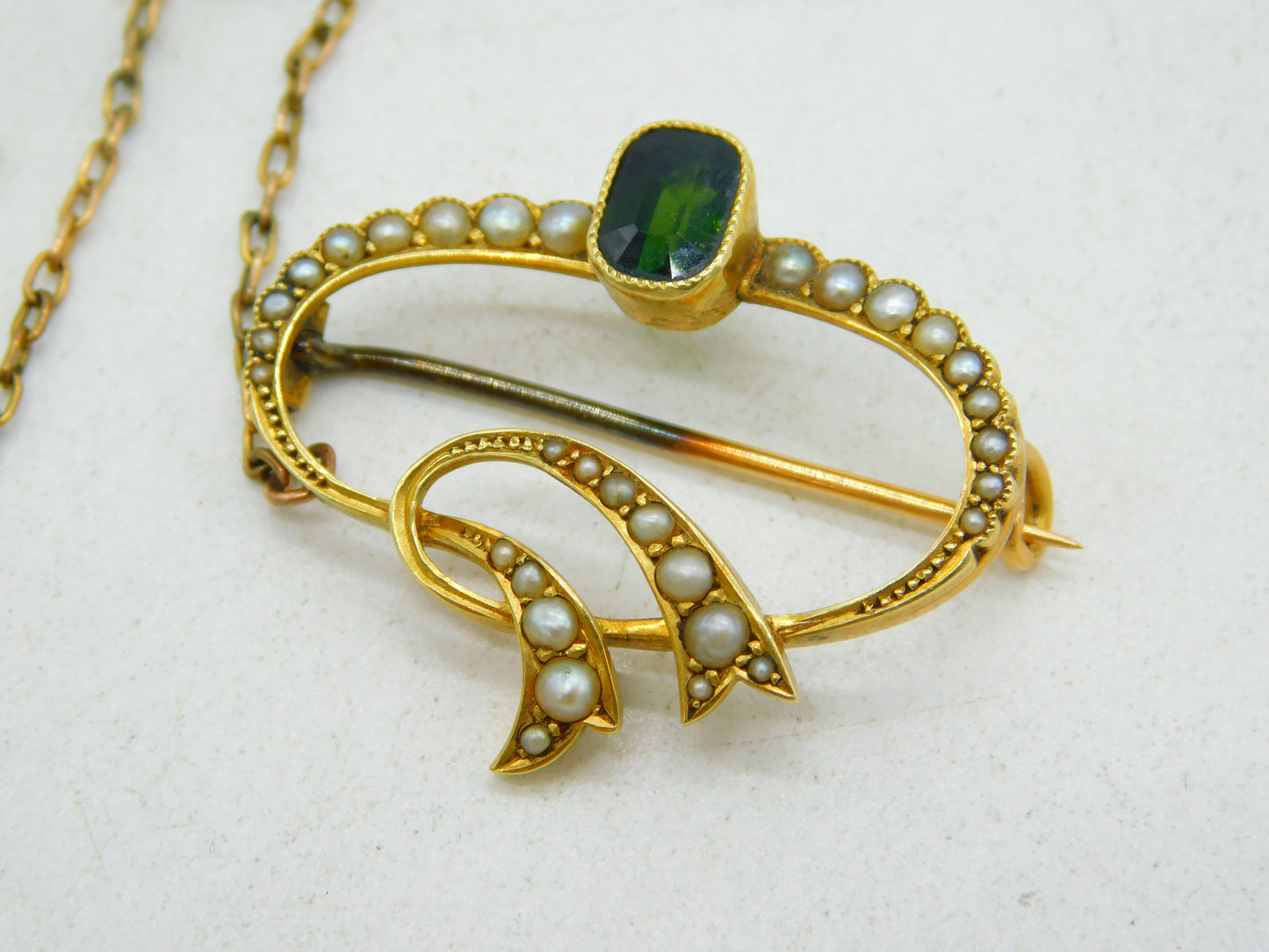 Edwardian 15ct Gold, Emerald Cut Tourmaline, Seed Pearl Spray Brooch Antique c1910
