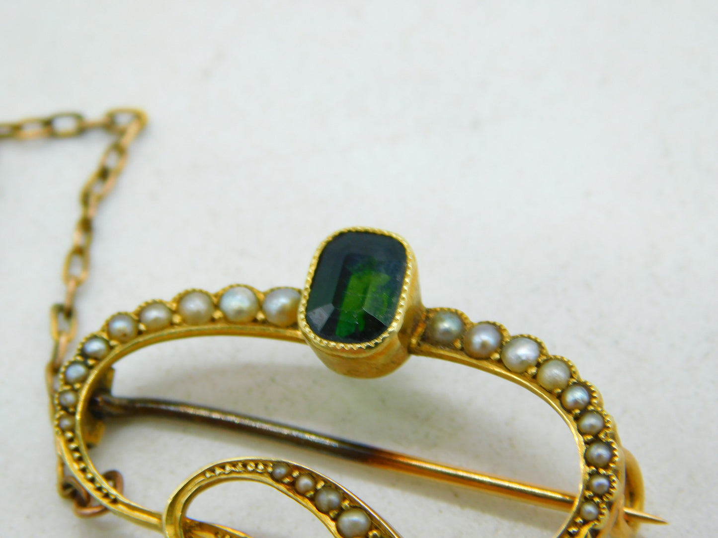 Edwardian 15ct Gold, Emerald Cut Tourmaline, Seed Pearl Spray Brooch Antique c1910