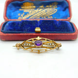Edwardian 9ct Yellow Gold, Amethyst & Seed Pearl Sweetheart Brooch Antique c1910