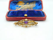 Edwardian 9ct Yellow Gold, Amethyst & Seed Pearl Sweetheart Brooch Antique c1910