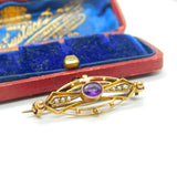 Edwardian 9ct Yellow Gold, Amethyst & Seed Pearl Sweetheart Brooch Antique c1910