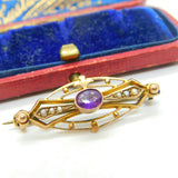 Edwardian 9ct Yellow Gold, Amethyst & Seed Pearl Sweetheart Brooch Antique c1910