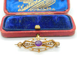 Edwardian 9ct Yellow Gold, Amethyst & Seed Pearl Sweetheart Brooch Antique c1910