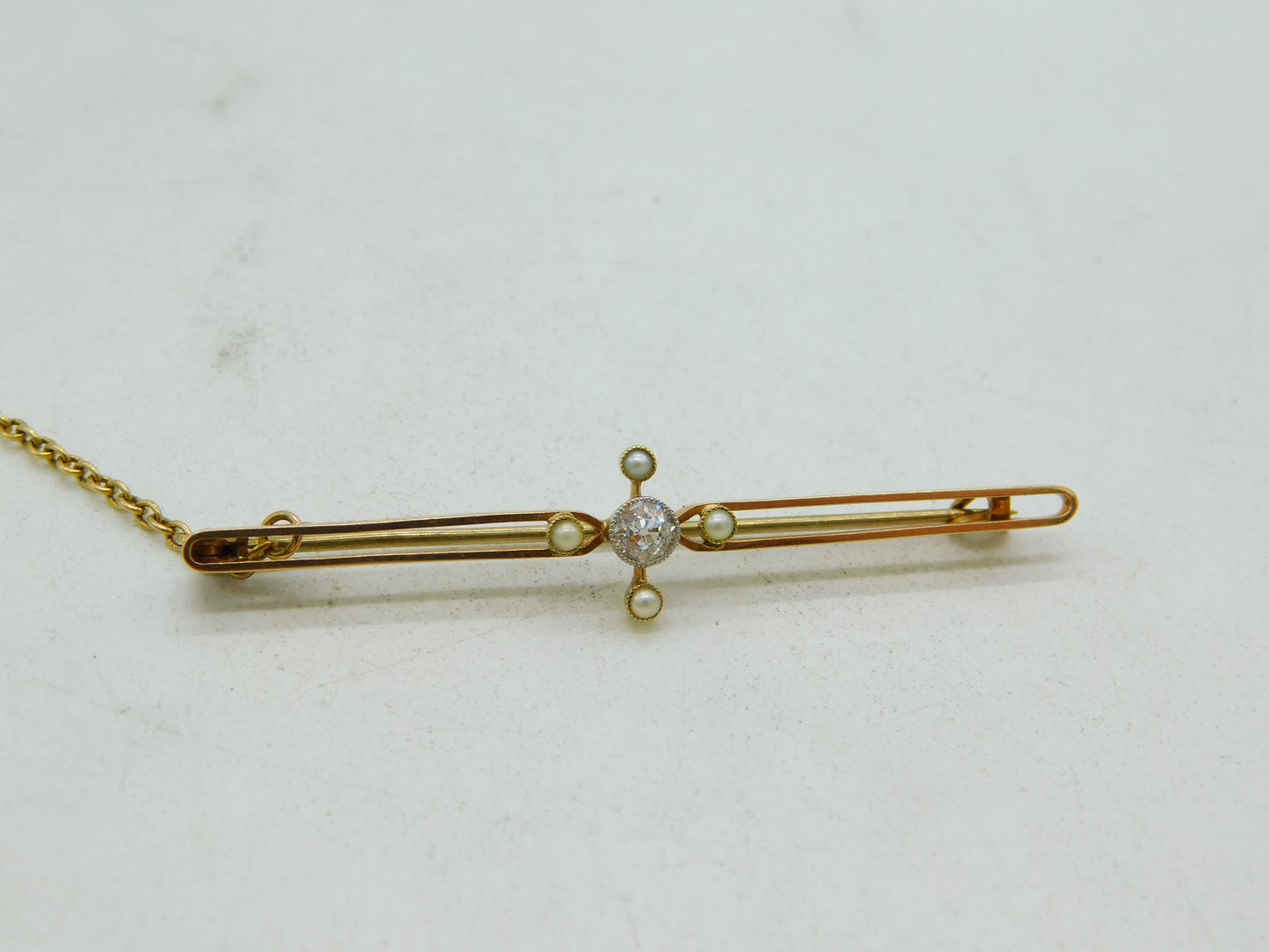 Edwardian 18ct Gold, 0.2ct Diamond & Seed Pearl Floral Brooch Antique c1910