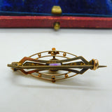 Edwardian 9ct Yellow Gold, Amethyst & Seed Pearl Sweetheart Brooch Antique c1910