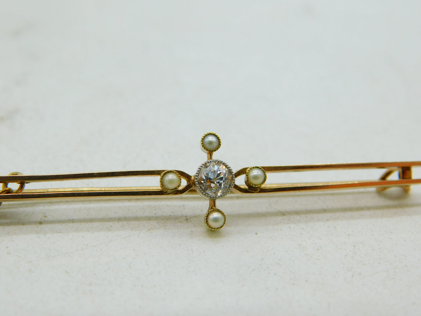 Edwardian 18ct Gold, 0.2ct Diamond & Seed Pearl Floral Brooch Antique c1910