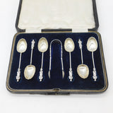 Set of Victorian Sterling Silver Shell Bowl Apostle Teaspoons & Tongs 1876