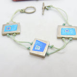 Mexican Sterling Silver & Blue Enamel Abstract Panel Bracelet Vintage c1970