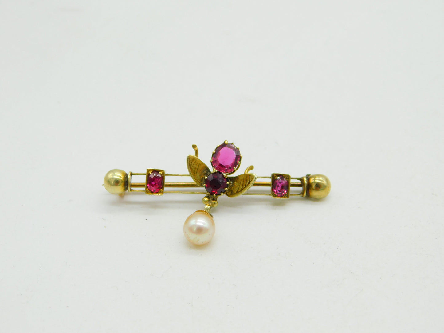 Edwardian 9ct Gold, Almandine Garnet & Pearl Insect Brooch Antique c1910