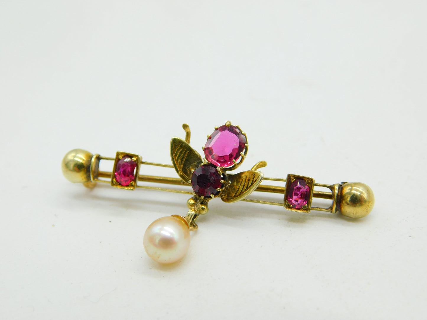 Edwardian 9ct Gold, Almandine Garnet & Pearl Insect Brooch Antique c1910