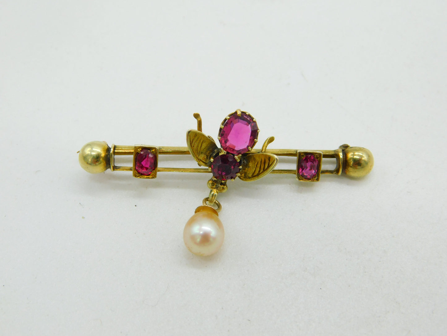 Edwardian 9ct Gold, Almandine Garnet & Pearl Insect Brooch Antique c1910