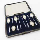 Set of Victorian Sterling Silver Shell Bowl Apostle Teaspoons & Tongs 1876