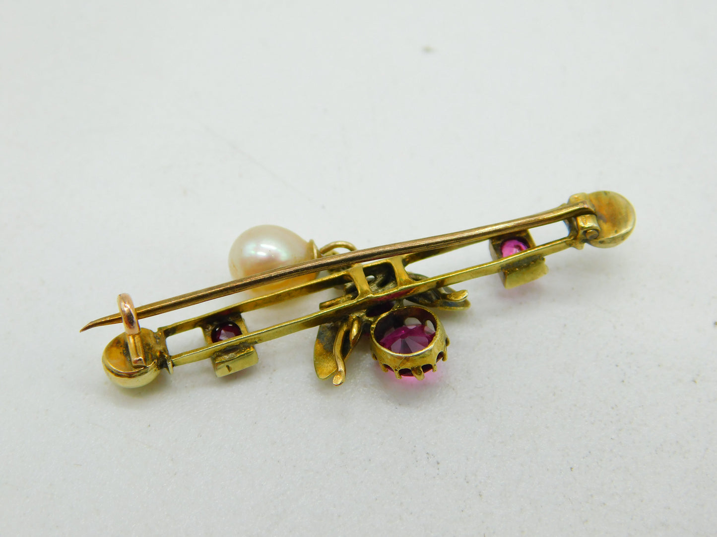 Edwardian 9ct Gold, Almandine Garnet & Pearl Insect Brooch Antique c1910
