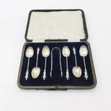 Set of Victorian Sterling Silver Shell Bowl Apostle Teaspoons & Tongs 1876