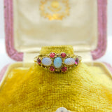 Regency 18ct Yellow Gold, Water Opal & Ruby Floral Band Ring Antique c1840