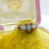 Regency 18ct Yellow Gold, Water Opal & Ruby Floral Band Ring Antique c1840