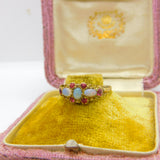 Regency 18ct Yellow Gold, Water Opal & Ruby Floral Band Ring Antique c1840
