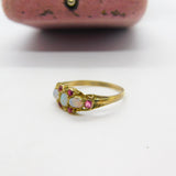 Regency 18ct Yellow Gold, Water Opal & Ruby Floral Band Ring Antique c1840