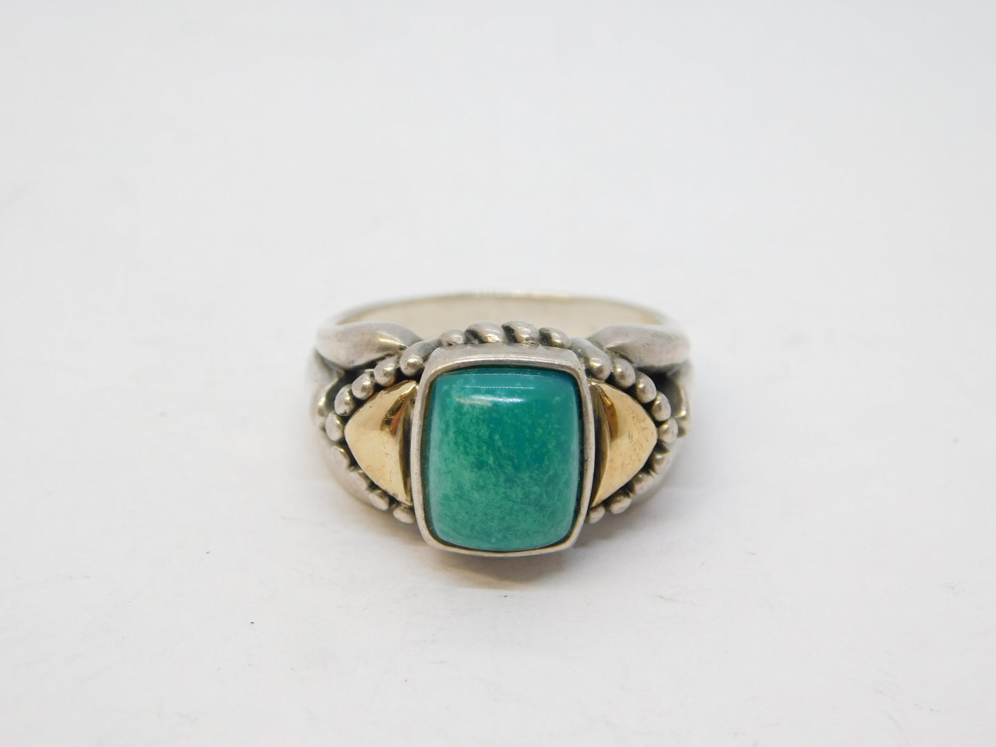 Sterling Silver, 14ct Gold & Turquoise Set Dress Ring Vintage c1970 Size P 1/2 UK