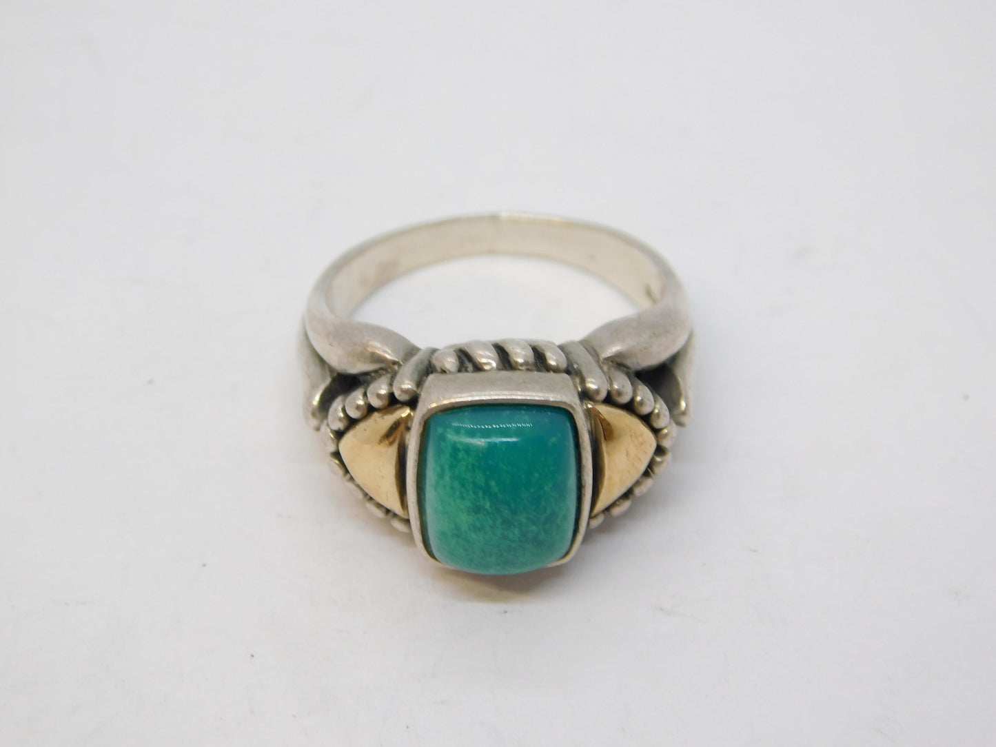 Sterling Silver, 14ct Gold & Turquoise Set Dress Ring Vintage c1970 Size P 1/2 UK