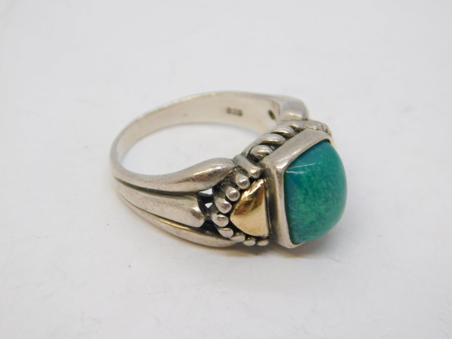 Sterling Silver, 14ct Gold & Turquoise Set Dress Ring Vintage c1970 Size P 1/2 UK