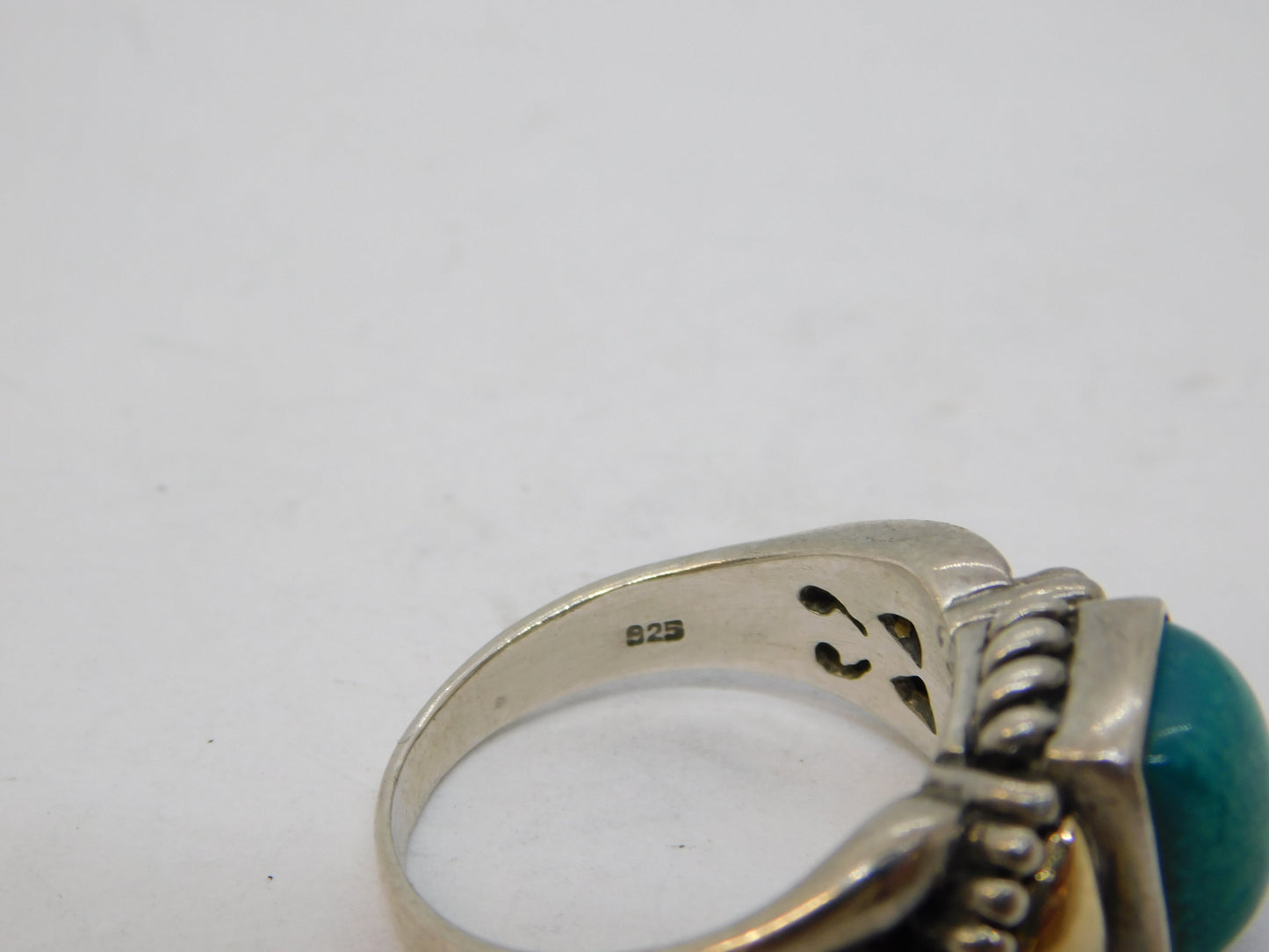 Sterling Silver, 14ct Gold & Turquoise Set Dress Ring Vintage c1970 Size P 1/2 UK