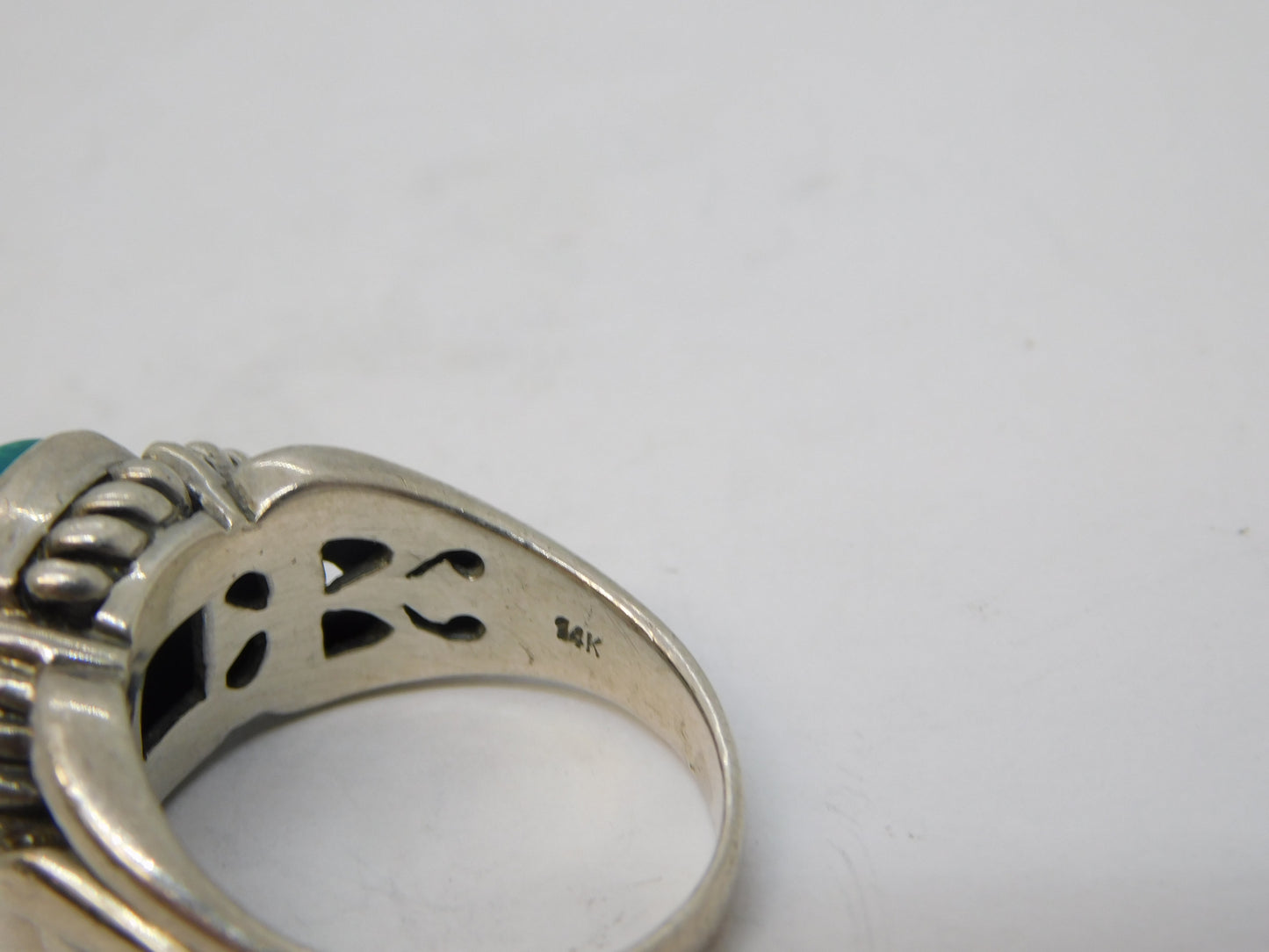 Sterling Silver, 14ct Gold & Turquoise Set Dress Ring Vintage c1970 Size P 1/2 UK