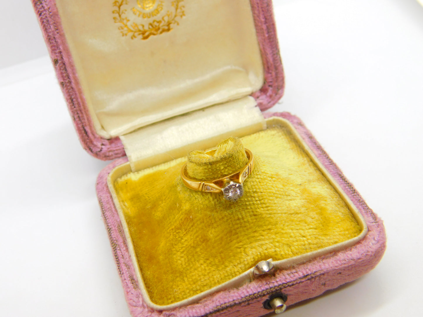 Solitaire 0.1ct Diamond 18ct Yellow Gold Ring Antique Art Deco c1920