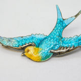 Sterling Silver & Yellow-Blue Enamel Swallow Sweetheart Brooch Antique c1920