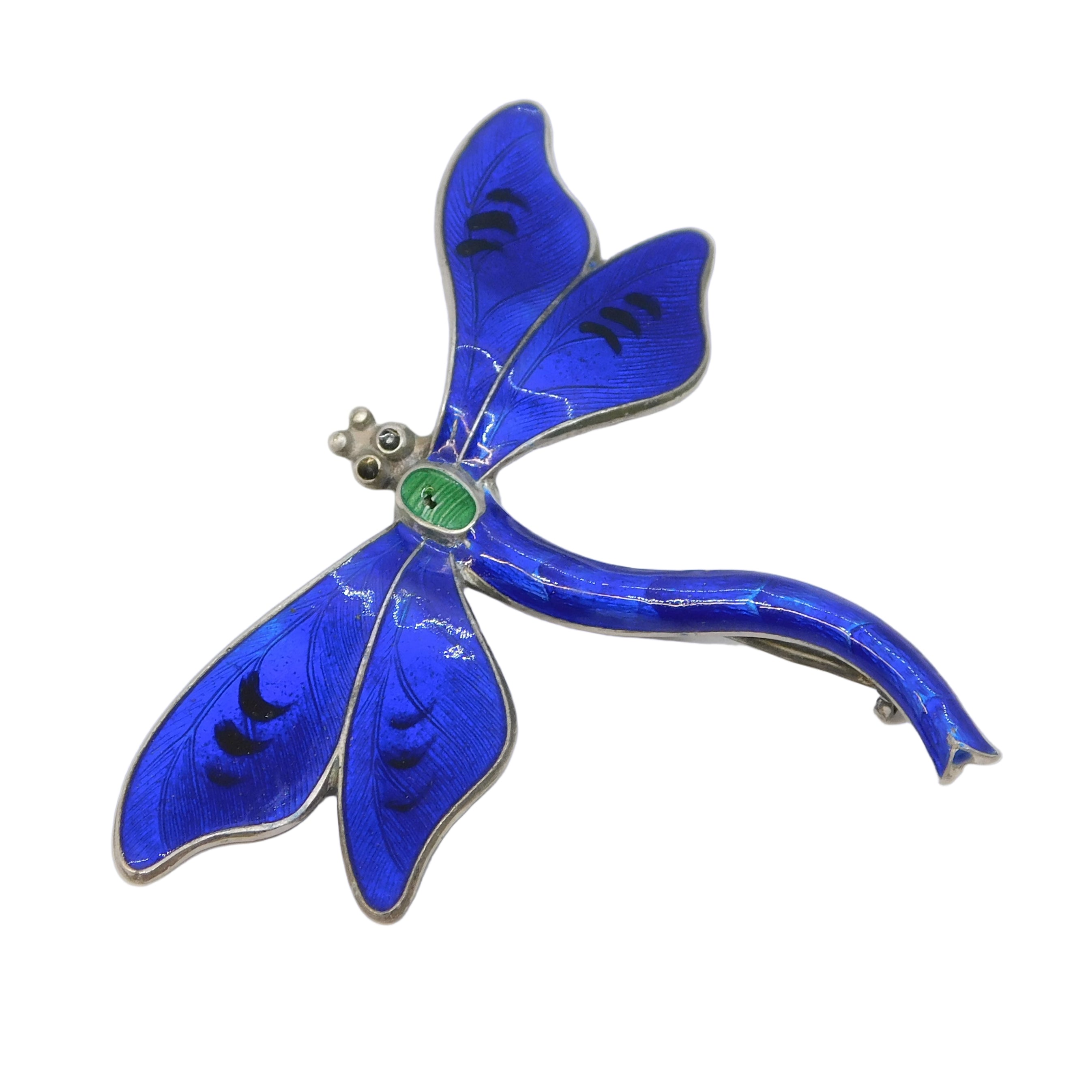 Sterling Silver Blue Enamel Dragonfly Sweetheart Brooch Antique