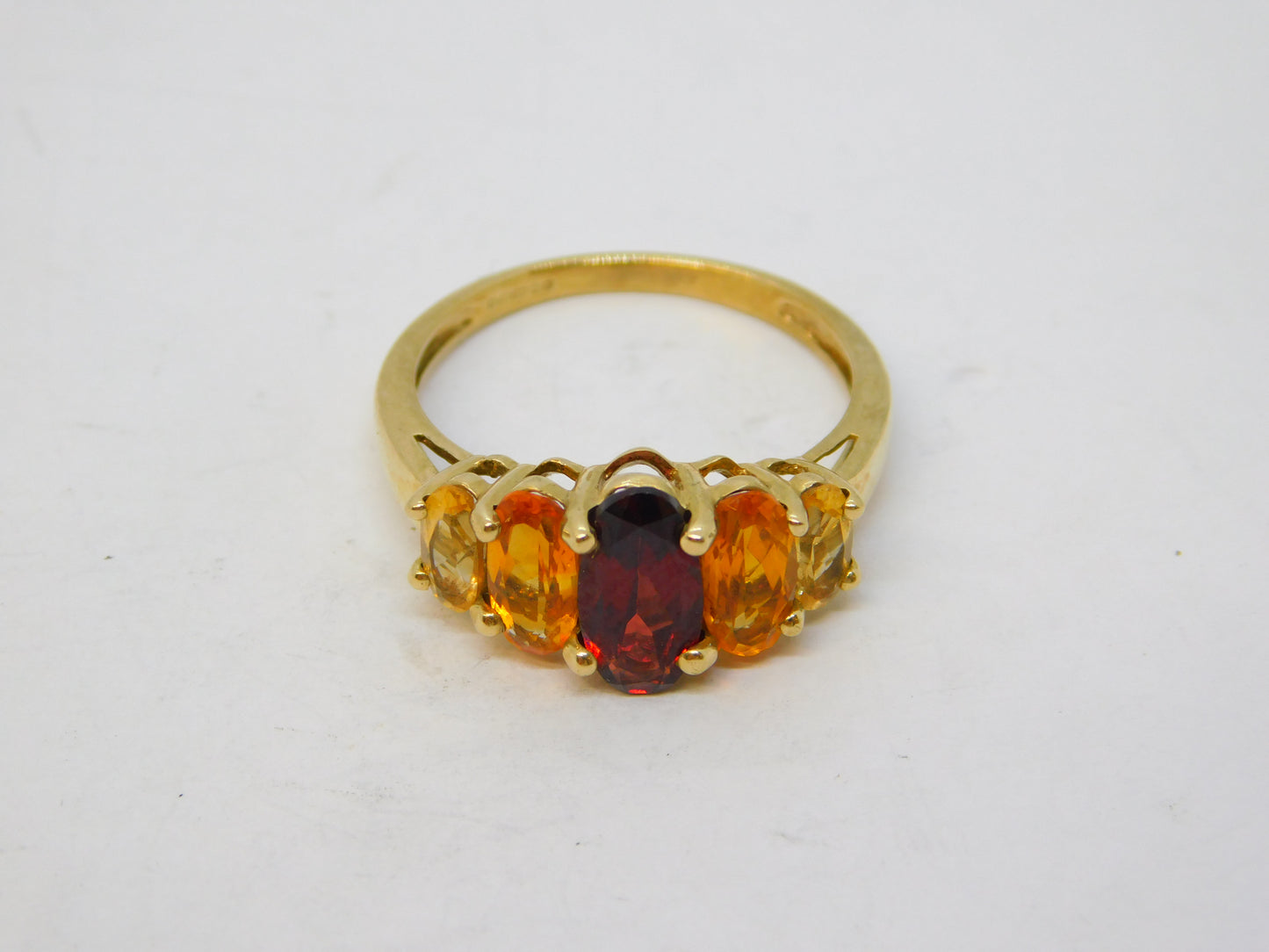 9ct Gold, Citrine, Topaz & Garnet Five-Stone Dress Ring Vintage 2006 Birmingham