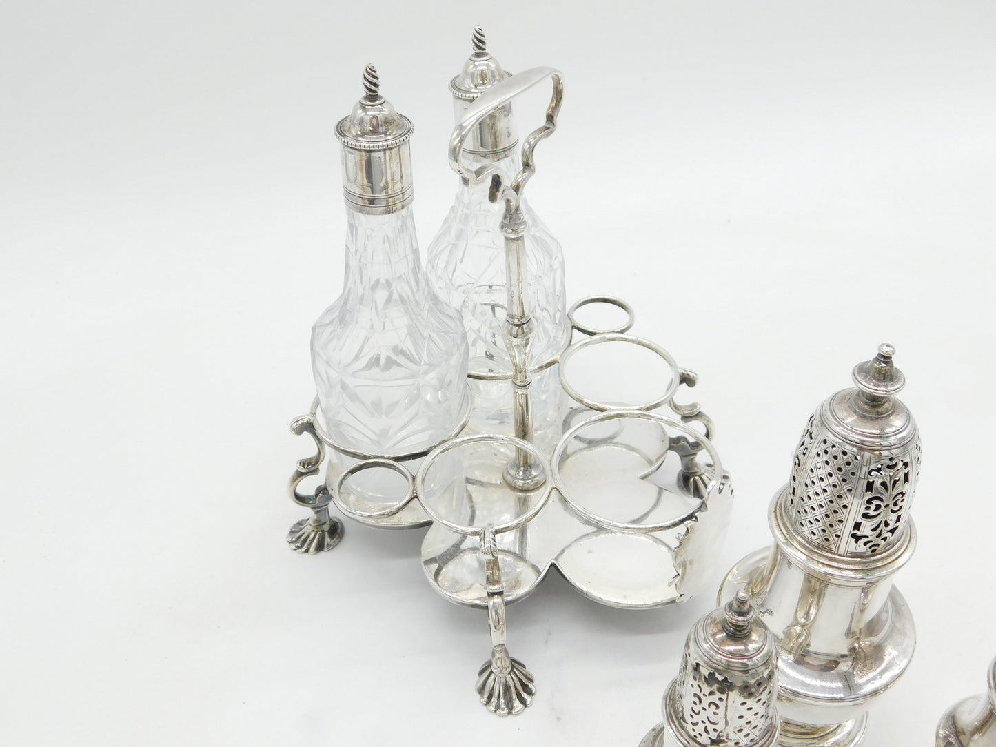 George II Sterling Silver Cut Glass Five-Piece Cruet Set Antique 1751 London