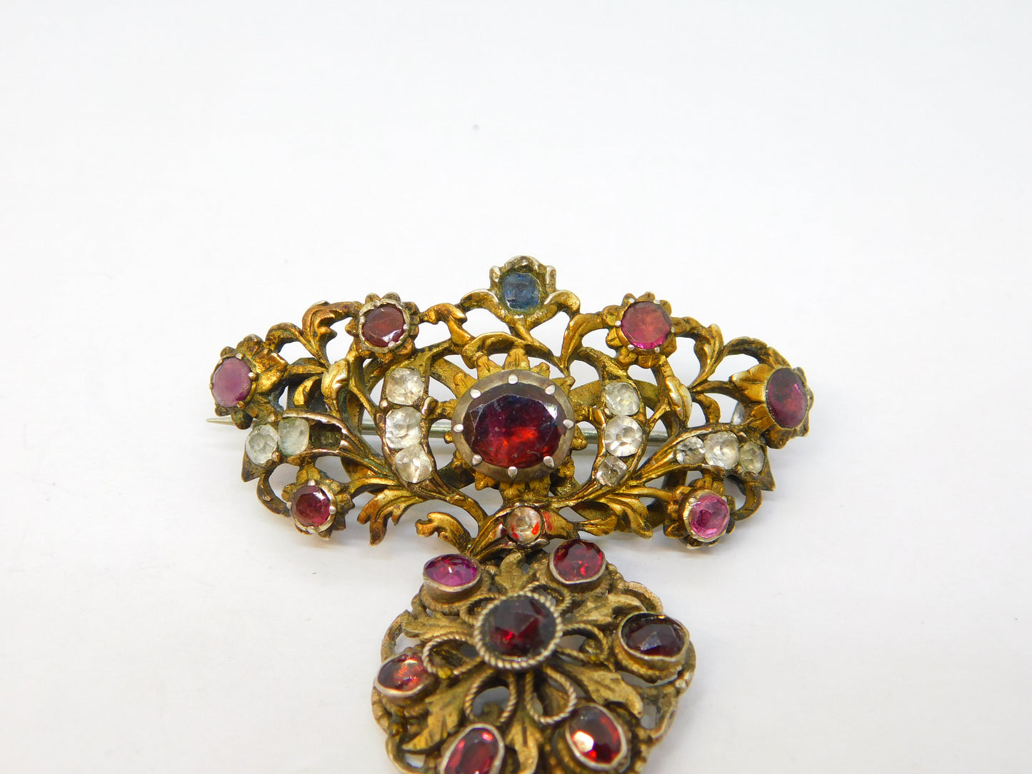 19th Century Austro-Hungarian Sterling Silver Gilt Stone Set Drop Brooch Antique c1860