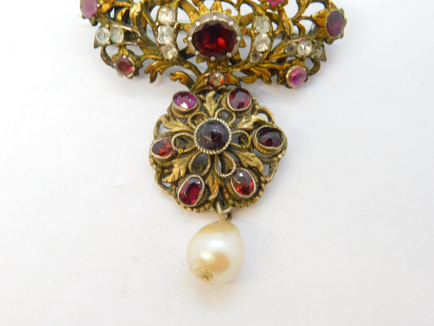 19th Century Austro-Hungarian Sterling Silver Gilt Stone Set Drop Brooch Antique c1860