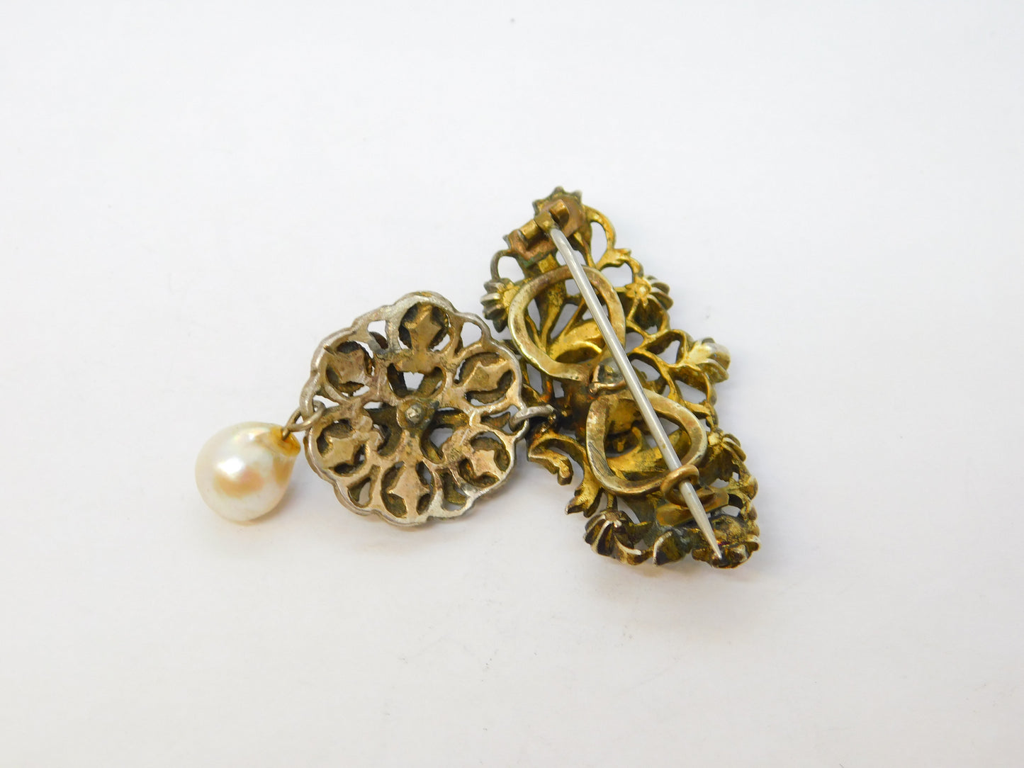 19th Century Austro-Hungarian Sterling Silver Gilt Stone Set Drop Brooch Antique c1860