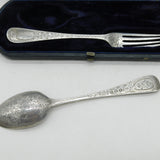 Victorian Boxed Sterling Silver Picture Back Christening Cutlery Antique 1892 London