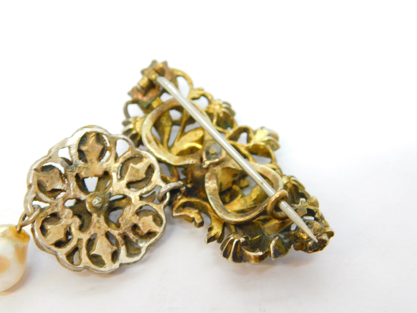 19th Century Austro-Hungarian Sterling Silver Gilt Stone Set Drop Brooch Antique c1860