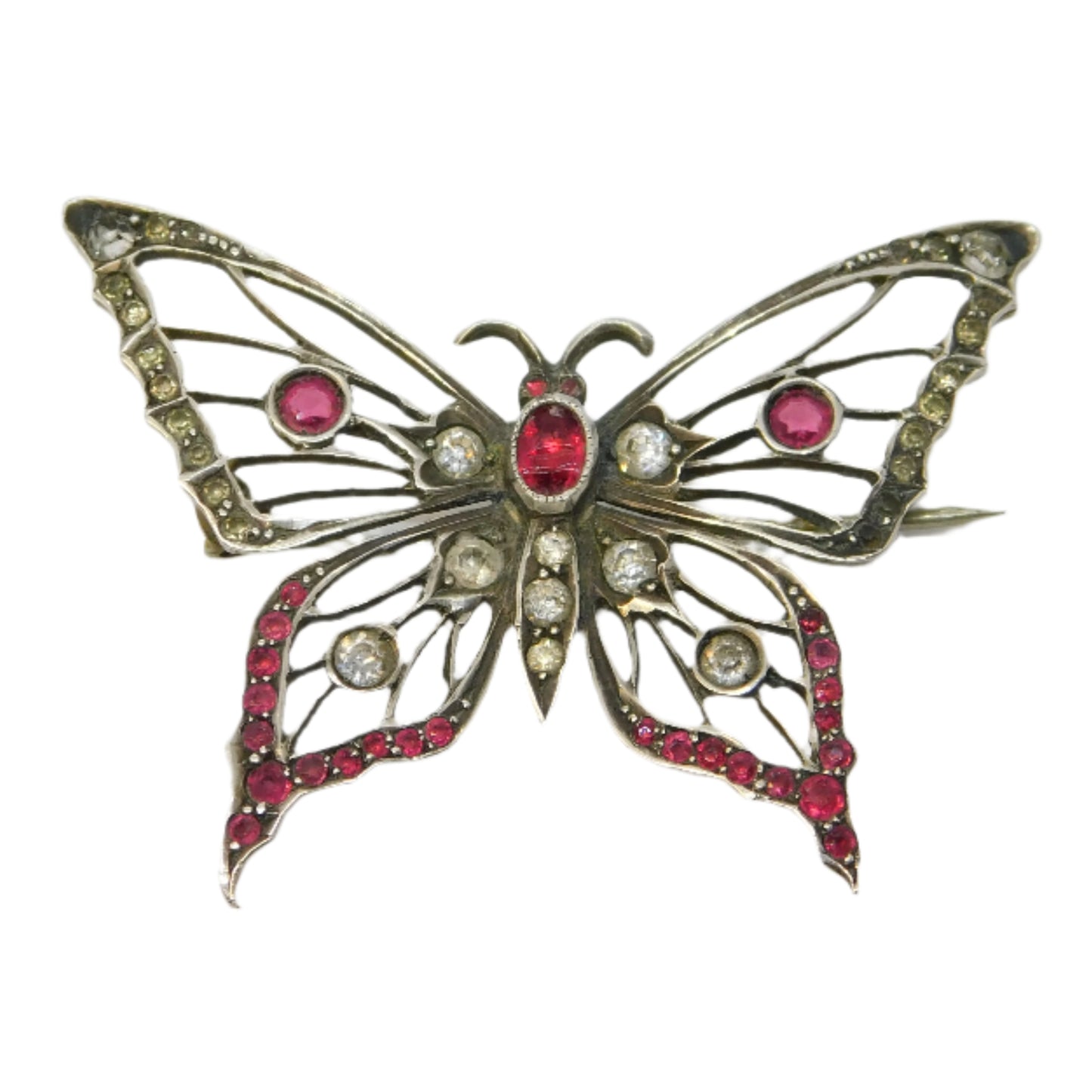 19th Century .800 Silver Red-White Paste Set Butterfly Brooch Antique c1860
