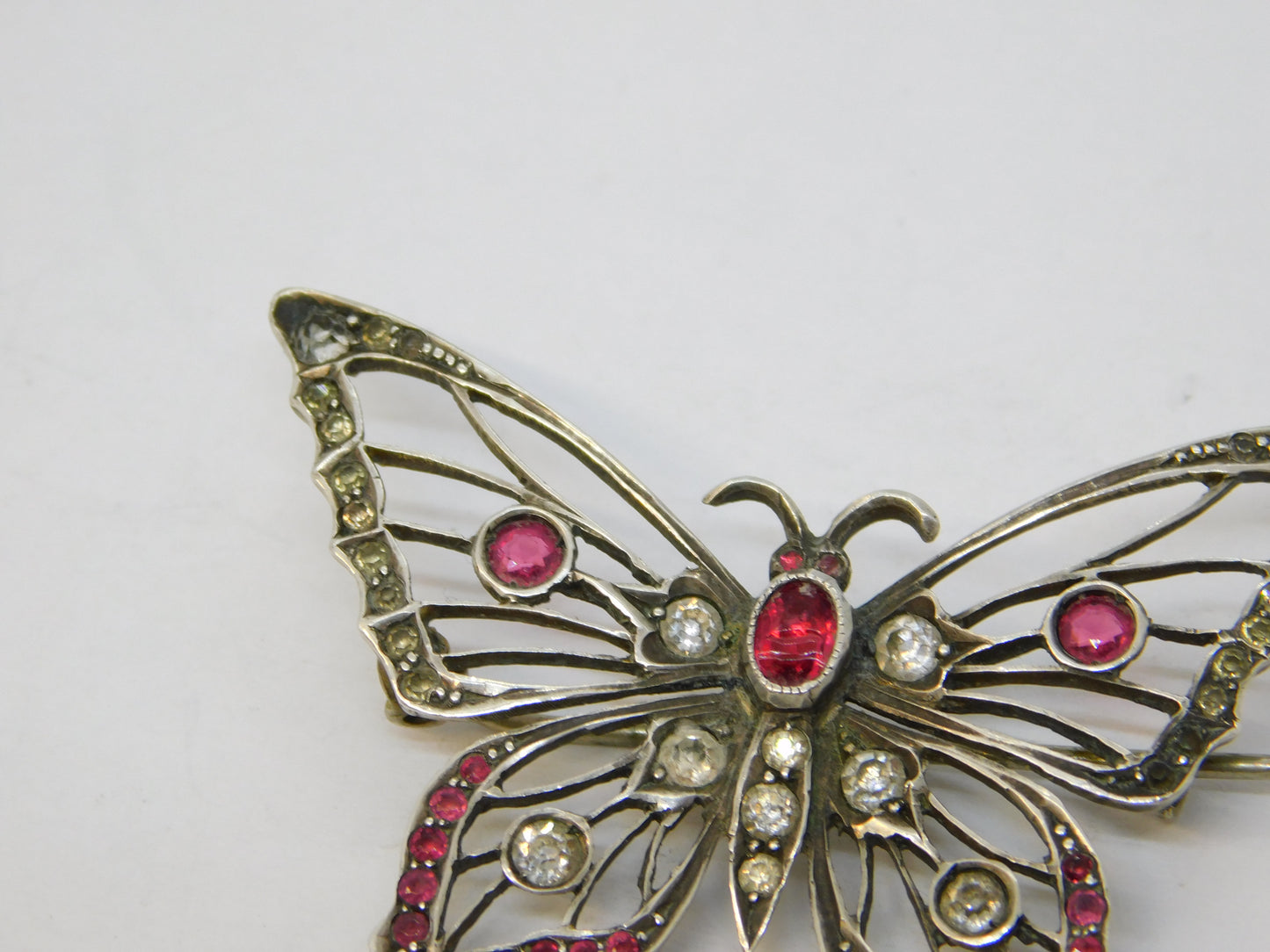 19th Century .800 Silver Red-White Paste Set Butterfly Brooch Antique c1860