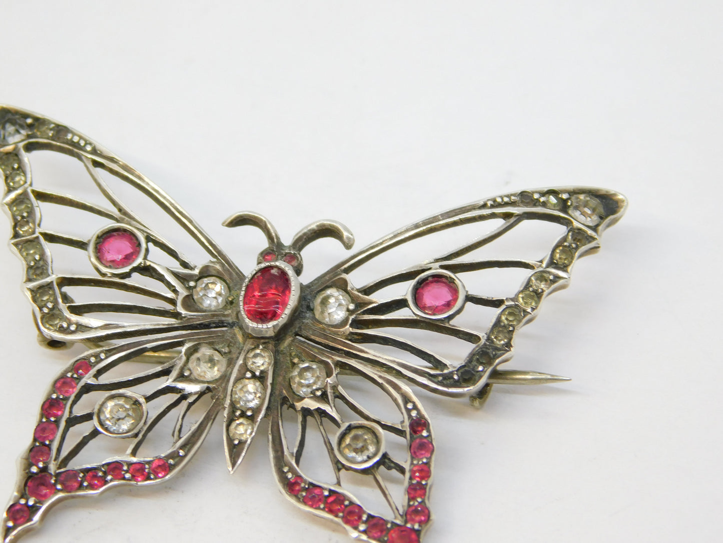 19th Century .800 Silver Red-White Paste Set Butterfly Brooch Antique c1860