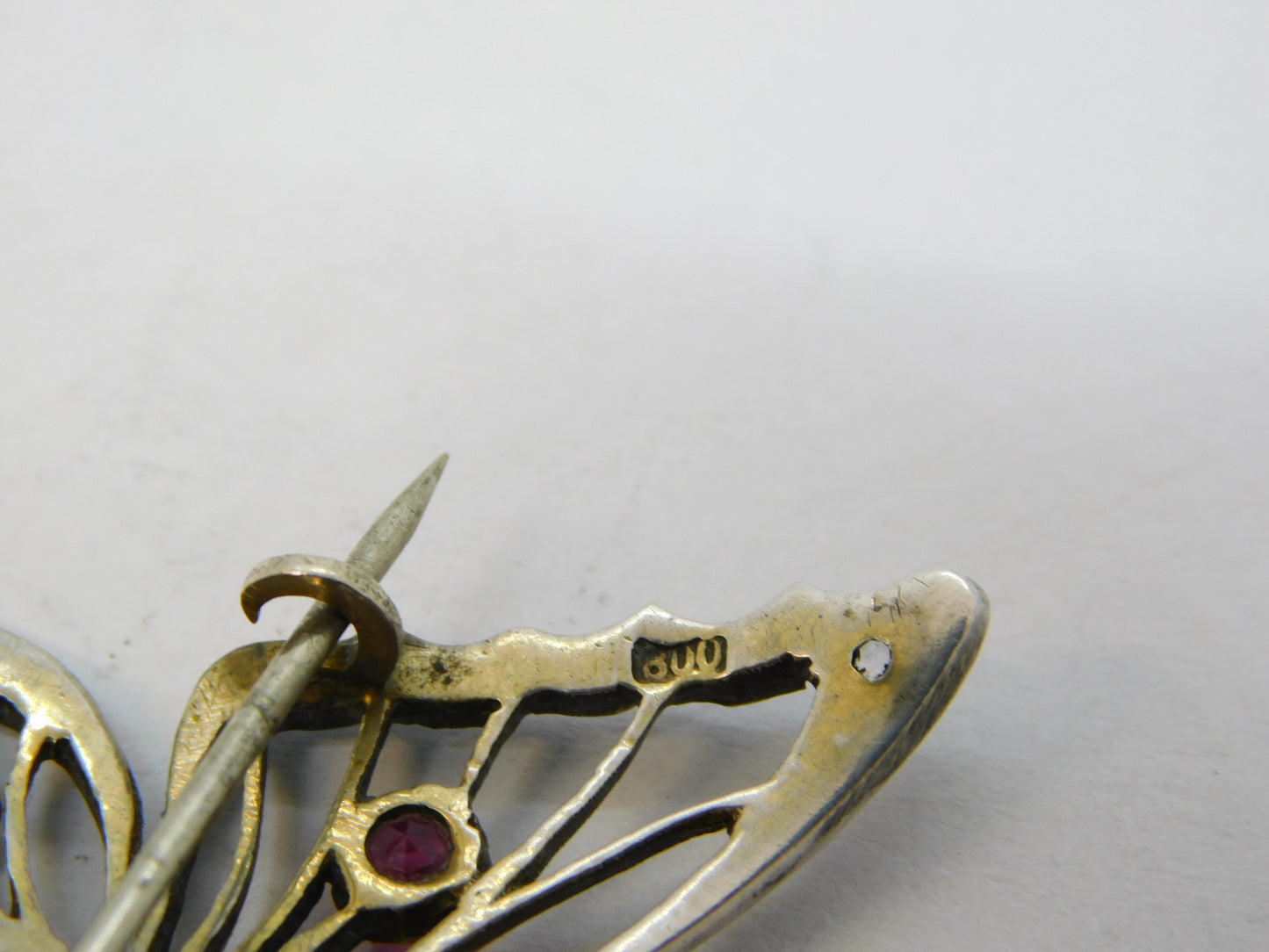 19th Century .800 Silver Red-White Paste Set Butterfly Brooch Antique c1860