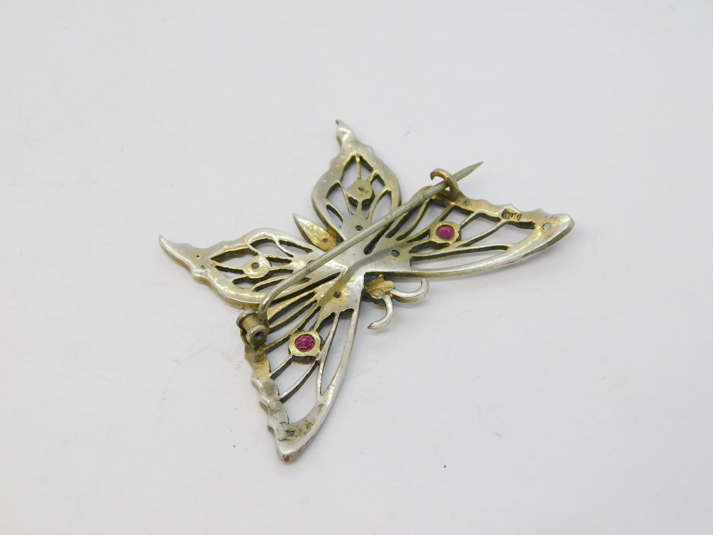 19th Century .800 Silver Red-White Paste Set Butterfly Brooch Antique c1860