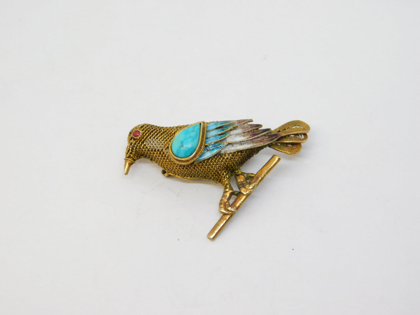 Chinese Sterling Silver Gilt, Enamel & Turquoise Bird Brooch Antique c1940