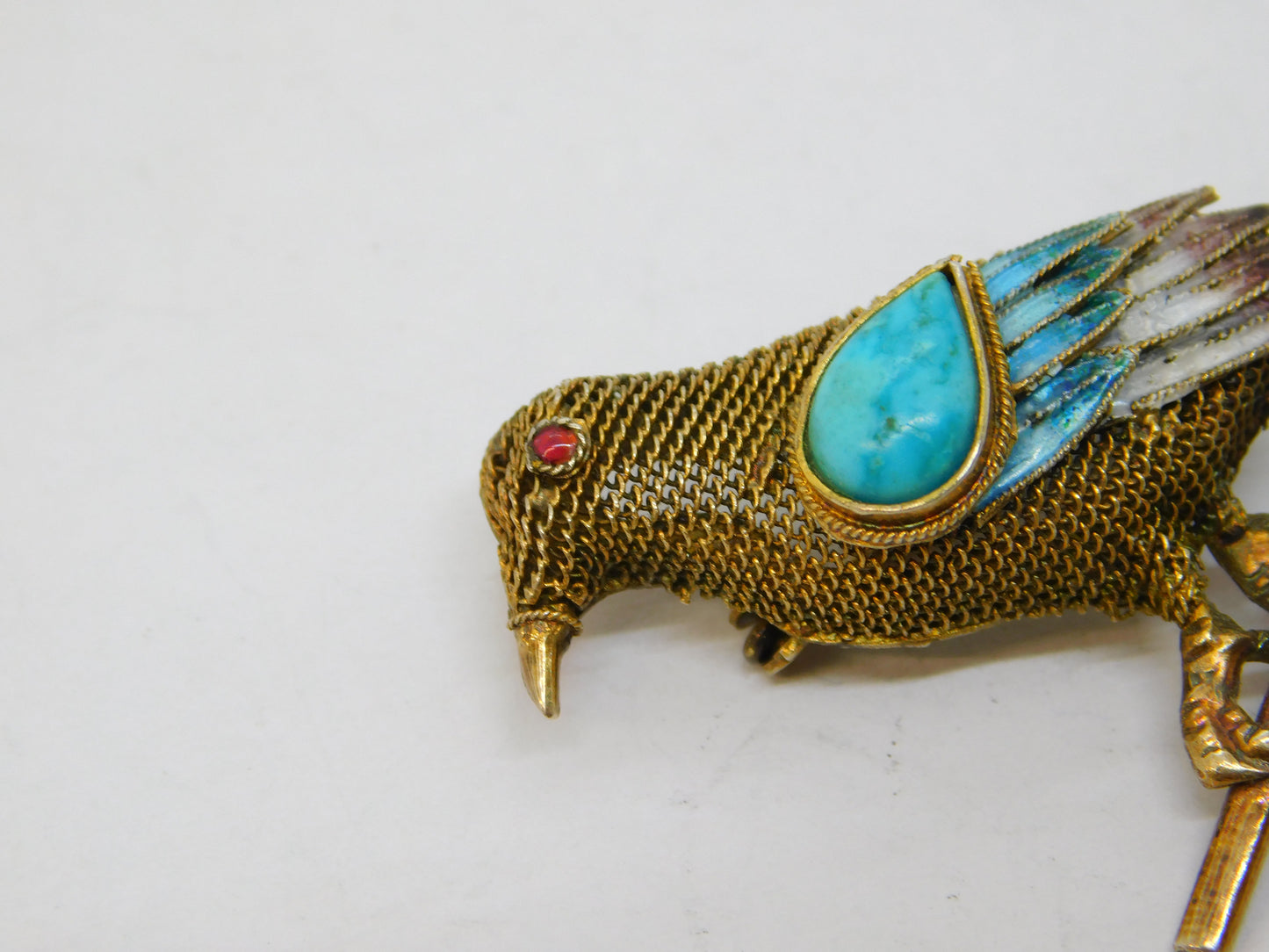 Chinese Sterling Silver Gilt, Enamel & Turquoise Bird Brooch Antique c1940