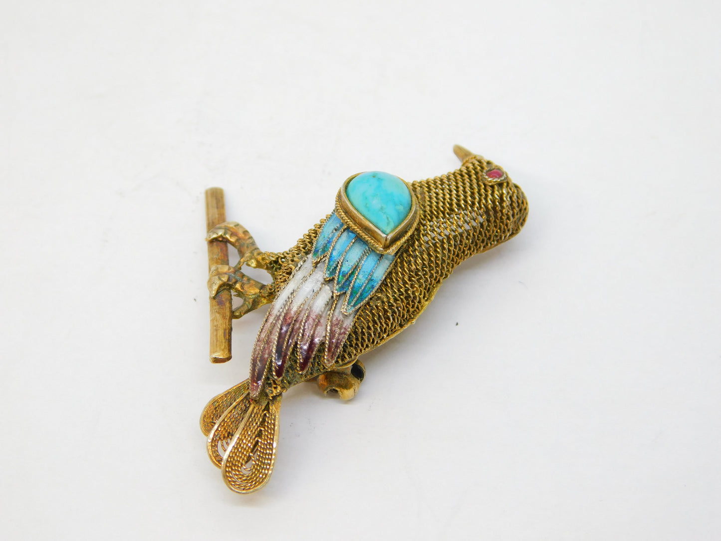 Chinese Sterling Silver Gilt, Enamel & Turquoise Bird Brooch Antique c1940